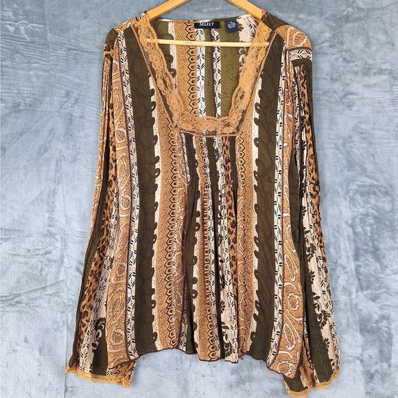 Womens Top 3X Boho Chic Hippie Retro Peasant Floral Lace Striped Lace Gauzy‎ - Picture 1 of 7